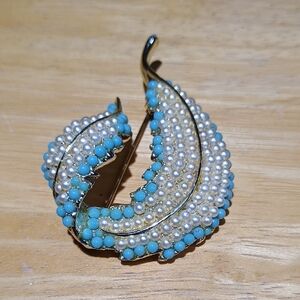 Vintage Gold-Tone B.S.K. Turquoise and Pearl Brooch